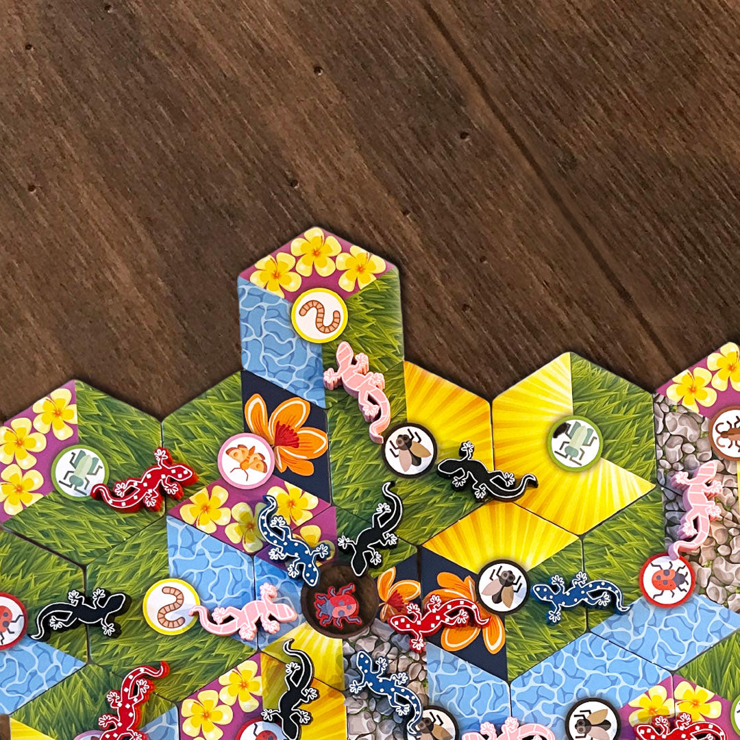 Garden Geckos Board Game | Hex-Tile Placing Game for 1-6 Players | Pre-order - Tin Robot Games